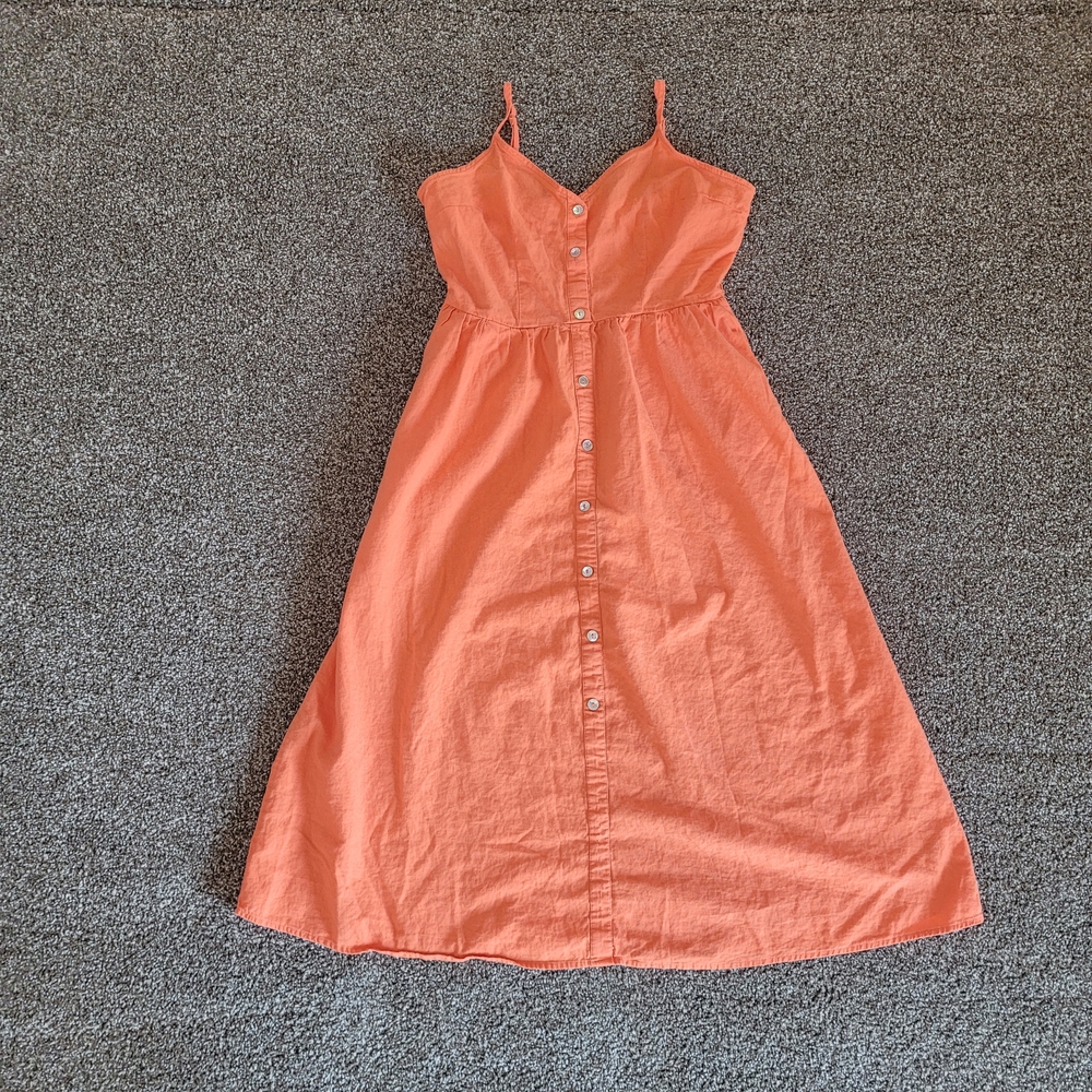 A New Day Linen Button Front Midi Sundress M Orange Dress Boho Casual Pockets
